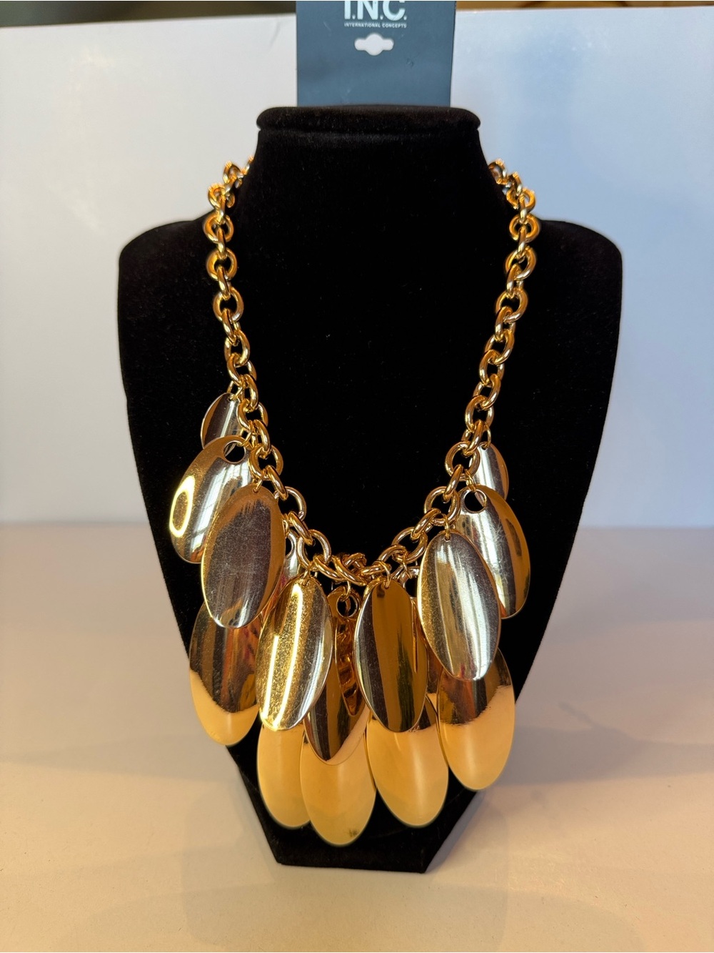 INC International Concepts Shiny Gold Oval Disc Statement Necklace